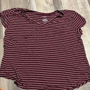 Arizona Jean Company Burgundy and White Striped V-Neck Tee